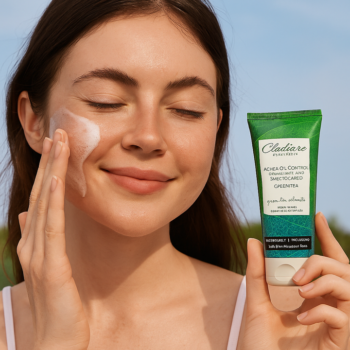 Woman applying cream to her face with a Cladire skincare product in the background