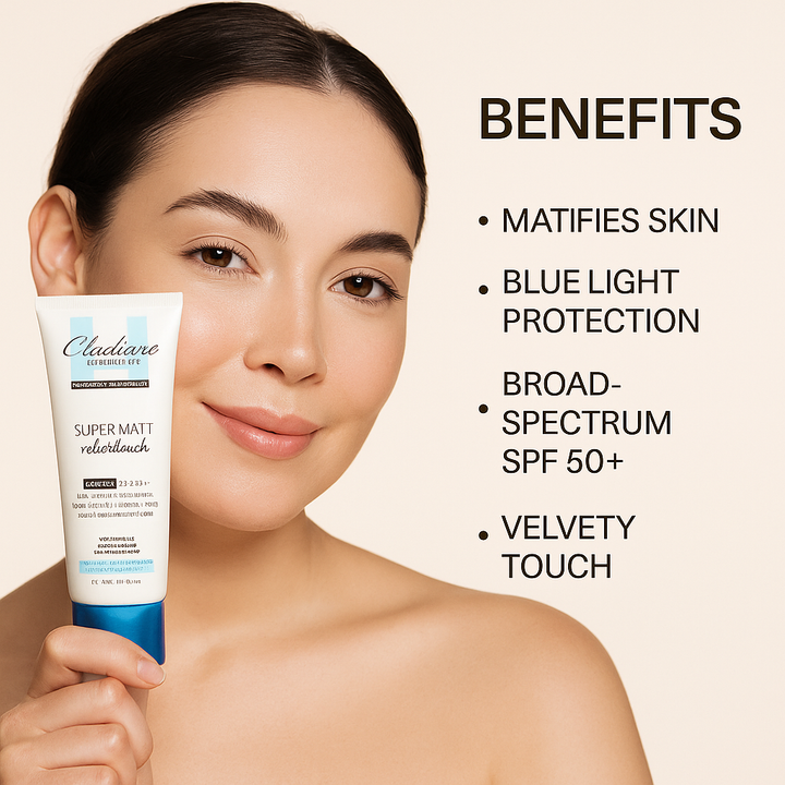 Woman holding a Cladiare skincare product with benefits