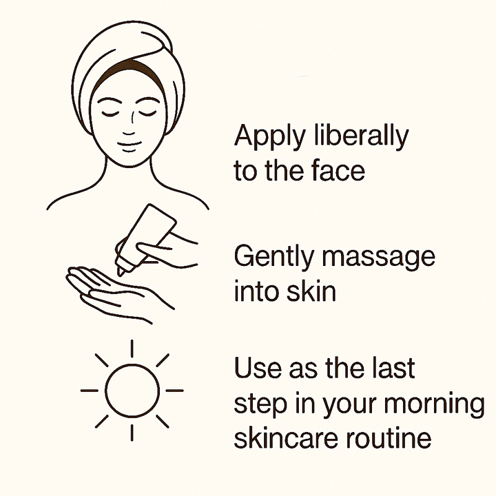 Instructions for applying a product to the face with a diagram of a person using it.