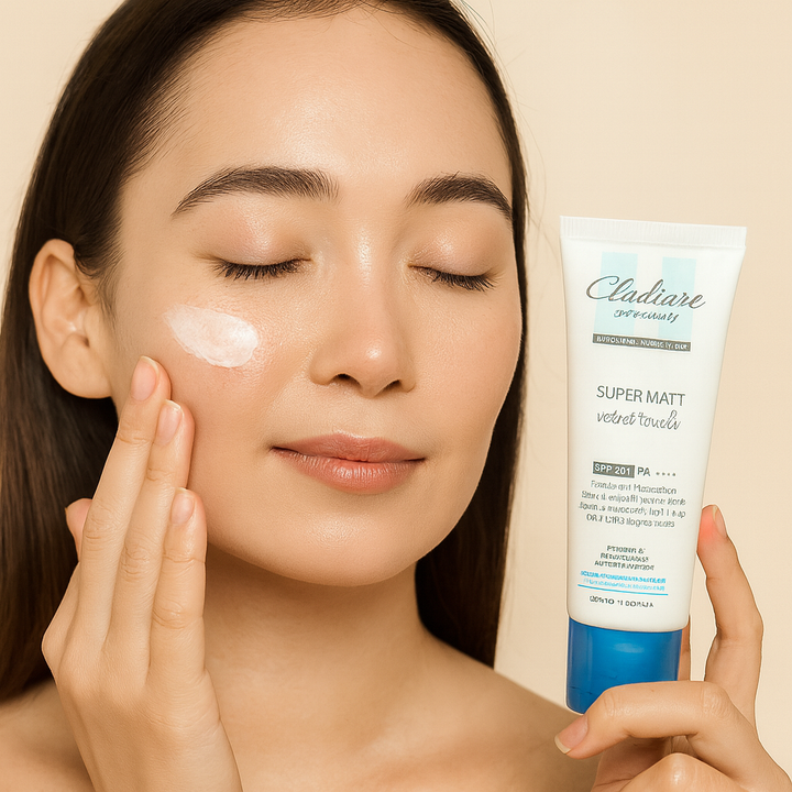 Woman applying Cladiare sunscreen to her face