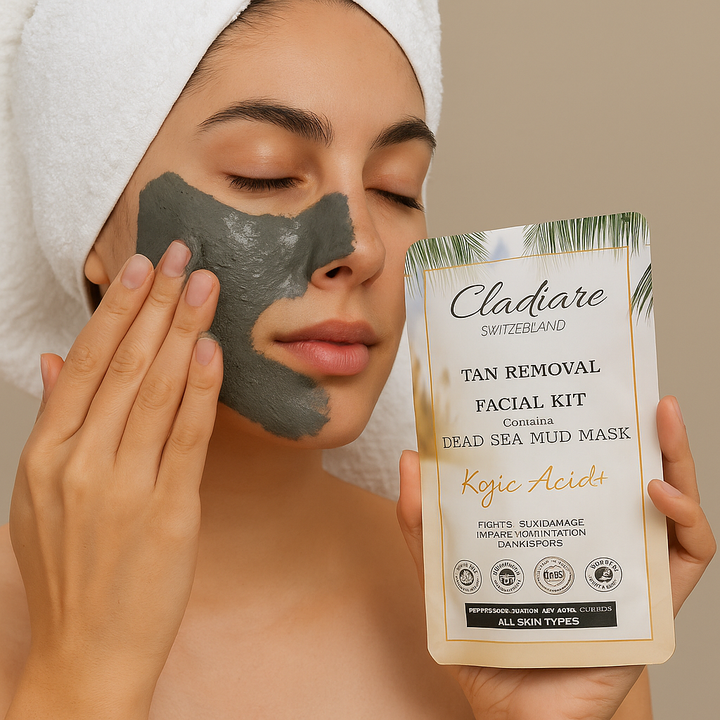 Cladiare Tan Removal Facial Kit for Clear & Even-Toned Skin, model using facial kit 