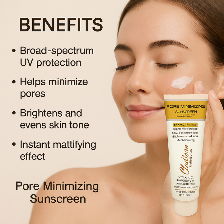 Woman applying Cladiare sunscreen with product and benefits listed on a beige background