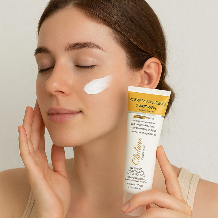 Woman applying cladiare sunscreen to her face with a tube of sunscreen in hand.