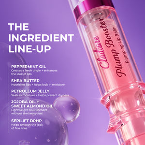 Plump Booster plumping lip balm ingredient line-up for hydrated, fuller lips